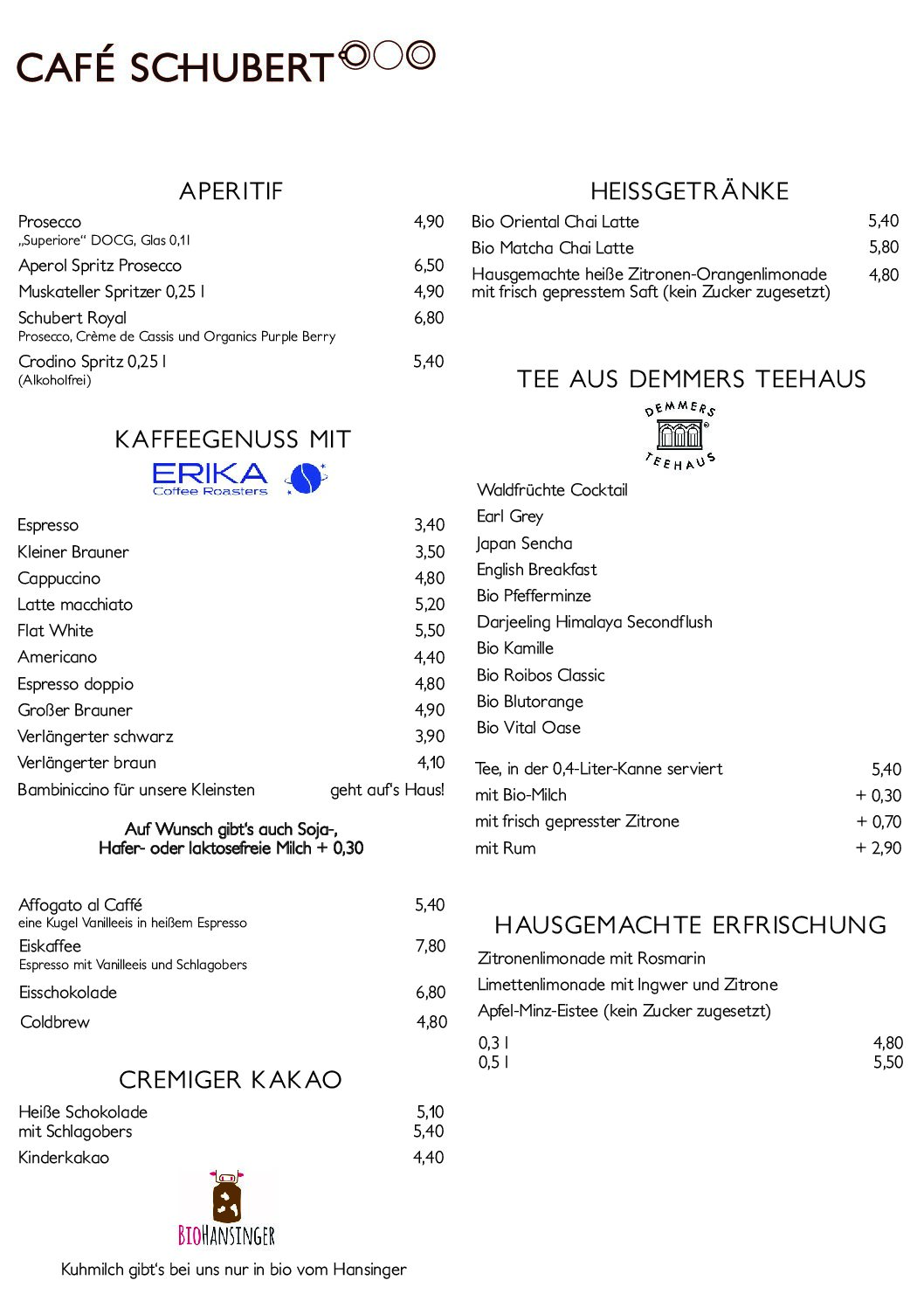 Wochenkarte des Café Schubert